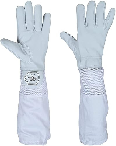 Bee Proof BP-122 Beekeeping Gloves Ventilated Goatskin Leather with Long Canvas Sleeve & Elastic Cuff for Men and Women to Protect a Beekeeper from Honey Bee Stings (Medium)