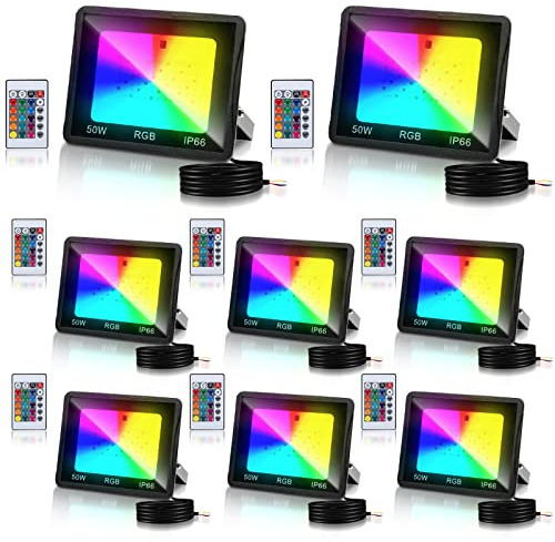 Herrselsam RGB LED Fluter 50W mit Fernbedienung, 16 Farben, 4 Modi, IP66 Wasserdicht, RGB Fluter Outdoor für Party, Garten, Stimmungslicht (8 Stück)