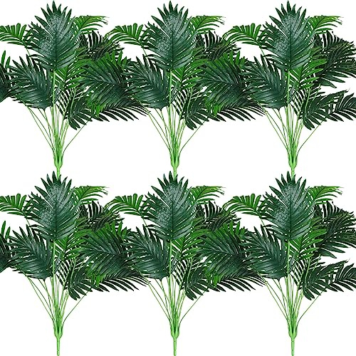 Tigeen 6 Pcs Artificial Palm Leaves Tree Outdoor 33 Inch Faux Tropical Plant Large Fake Palm Leaves Bush Greenery for Hawaiian Luau, Jungle Safari, Pool Beach Party, Wedding, Garden, Indoor Decor