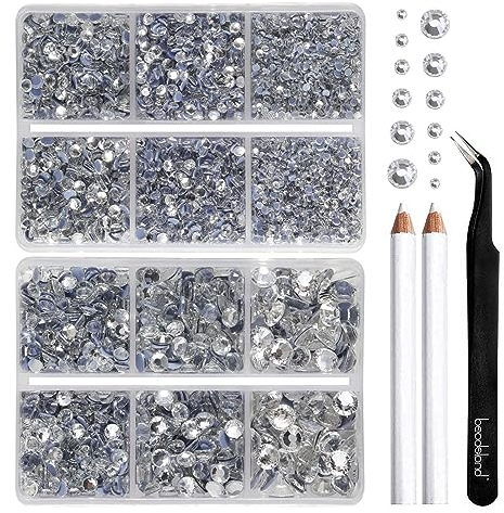 BEADSLAND Hotfix Strasssteine, 6080 Stück klare Strasssteine für Kleidung Kunsthandwerk gemischt 6 Größen mit Wachsstift und Pinzette Kit, SS6-SS30, Kristall