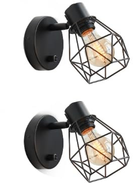 Lightess Black Wall Lights with Switch, Dimmable Wall Light Industrial, Retro Cage, Rotating Lampshade, 2 Pack Metal Indoor Wall Lamp for Living Room, Hallway, Bedroom (Without Bulbs)