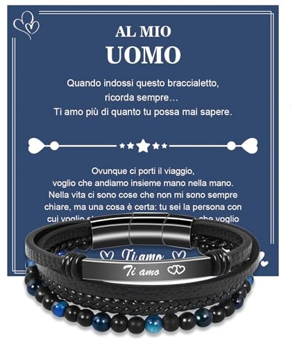 VGWON Bracciale Uomo in Vera Pelle con Pietre Naturali - Regalo per San Valentino, Compleanno, Natale, Anniversario - Per Marito, Fidanzato, Figlio, Papà, Nonno