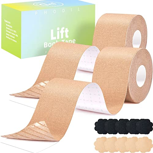 PHODIL Boob Tape 2 PCS,Boobtapes Bob Tape for Large Breasts Lift,Tit Tape Booby Tape Reusable Invisible Bra Nipple Covers Under Clothing (Nude & Nude/3)