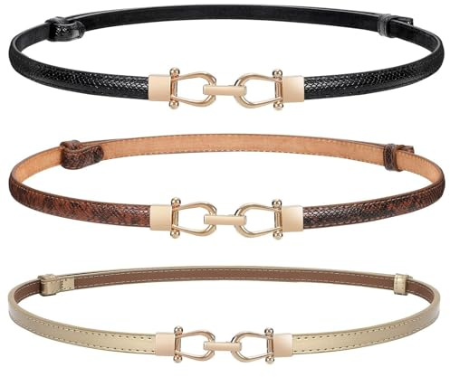 WERFORU 3-pack dam mager bälte för klänning, tunt midjebälte justerbart läderbälte med gyllene spänne, Svart + brun+guld, Anzug für Taillengröße unter 109cm