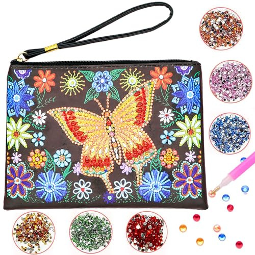 YGCHEN Diamond Painting Borsa Cosmetica Pittura Diamante Borsa DIY Diamante Painting Kit Fiore di Farfalla 5D Borsa per Pittura Compleanno Regalo Diamanti Borsa Set