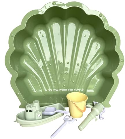 Conchiglia per sabbia o acqua (verde pastello con giocattolo di sabbia, 6 pezzi) con pompa dell'acqua, barca, secchio per sandea, rastrello e pala