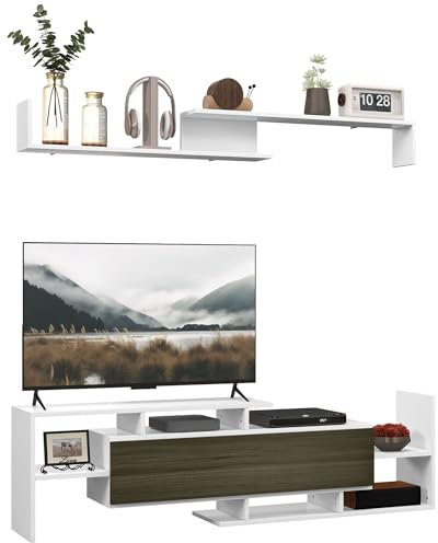 HOMCOM Mobile TV con Mensola a Muro, Ripiani Aperti e Armadietto in Legno, Mobile TV Moderno per Soggiorno e Camera da Letto, Bianco e nero