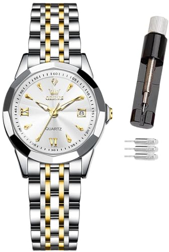OLEVS Montre à Quartz pour Femme avec Cadran Diamant et Bracelet en Acier Inoxydable - Montre analogique étanche et Nocturne - Cadeau Romantique pour Petite Amie, 9998 - Cadran Blanc Bicolore,