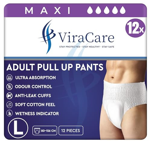 12 x Maxi Incontinence Pants Women & Men | Adults Diapers | Ultra Absorption and Soft-Stretch Waistband | Adults Pull Up Pants | Waist Size Large 80-156 cm | (1 Pack of 12, Large)