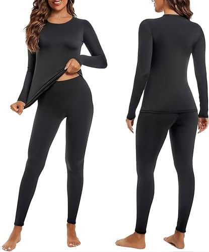 Ekouaer Ropa Interior Térmica Mujer, Camiseta Térmica Mujer Deportes Ropa Interior Funcional Conjuntos Térmicos Termo Invierno, Negro, S