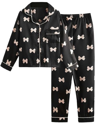 JiAmy Pigiama da bambina a maniche lunghe, set estivo per bambini, in raso, 2 pezzi, con bottoni, per adolescenti, biancheria da notte con stampa, età 8-12, Nero , 8-9 Jahre