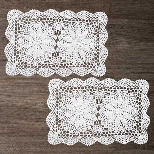 URROMA 2 manteles individuales vintage de ganchillo, tapete de encaje de algodón bohemio, mantel rectangular hueco blanco, mantel de flores para mesa de comedor (43 x 27 cm)