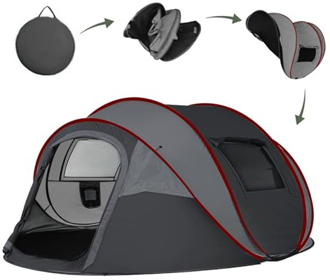 Camping Zelt, Pop Up Zelt 4-5 Personen, Automatisches Aufstellzelt in 3 Sekunden, Wurfzelte Wasserdicht Sonnenschutz, Familie Zelt, Tragbares Leichtes Kuppelzelt für Outdoor Camping (Dunkelgrau)