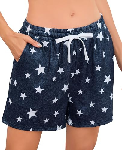 Vlazom Women's Pyjama Shorts Soft Cotton Lounge Bottoms Cute Print Summer Casual Shorts with Pockets Drawstring Navy Stars,M