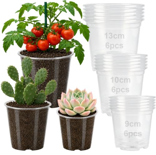 Ruytx 18 stycken odlingskrukor underkruka 9/10/13 cm innerkruka växter omplanteringskruka genomskinliga planteringskrukor blomkruka transparent orkidékruka för suckulenter kaktus plantor