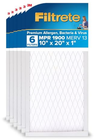 Filtrete 10x20x1 AC Furnace Air Filter, MERV 13, MPR 1900, Premium Allergen, Bacteria & Virus Filter, 3-Month Pleated 1-Inch Electrostatic Air Cleaning Filter, 6-Pack (Actual Size 9.81x19.81x0.78 in)