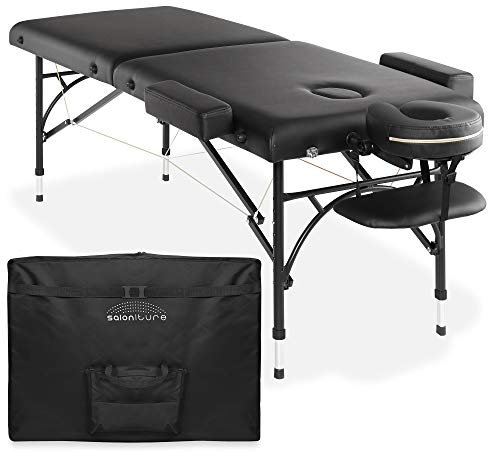 Saloniture Professional Portable Lightweight Bi-Fold Massage Table with Aluminum Legs - Includes Headrest, Face Cradle, Armrests and Carrying Case - Black