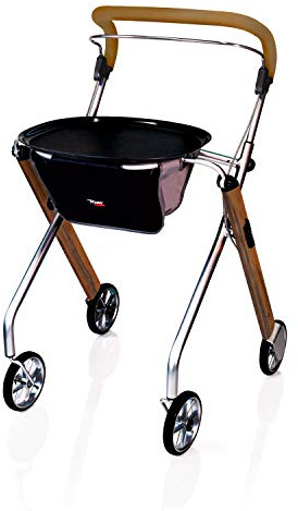 Stander Let’s Go Indoor Rollator, Lightweight Four Wheel Euro Style Walker with Tray, Folding Mobility Aid for Seniors by Trust Care, Walnut