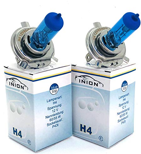INION 2x Stück H4 P43t 60/55W 12V Halogen Lampen Blue Vision Optik Faltschachtel (H4)
