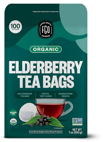 FGO Organic Elderberry Tea, 100 Count, Eco-Conscious Herbal Tea Bags, Resealabel Bag, Caffeine Free, Packaging May Vary (Pack of 1)