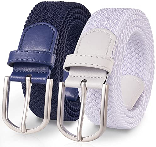 TANGCHAO 2 Stücke Stoffgürtel Stretchgürtel Elastik Flechtgürtel Geflochtener und Elastischer Dehnbarer Gürtel für Damen und Herren Breite 3.3cm Weiß+Blau 100cm