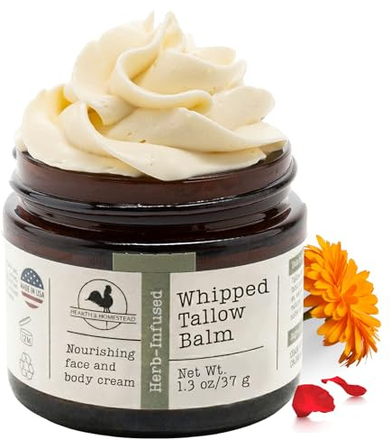 Hearth and Homestead: Handmade Whipped Tallow Balm (Unscented/Herb-Infused) - Organic Body Butter with Infused Olive Oil, for Eczema, Rosacea, Baby - 1.3 oz
