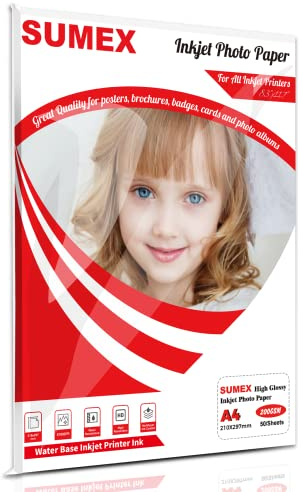 Sumex High Glossy Waterproof Inkjet Photo Paper A4x50 Size 210gsm 210 * 297mm Single Side for Dye Ink Compatiable with All Inkjet Printers