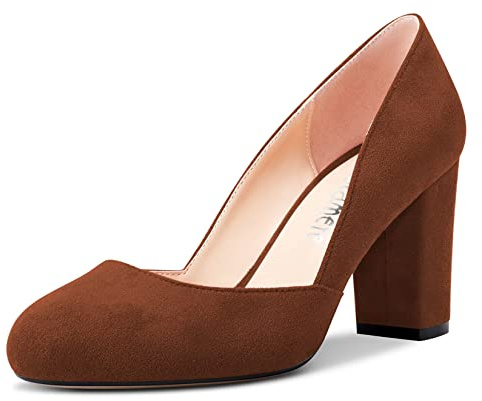 Castamere Femmes Bloc Chunky Haut High Talon Heel Rond Bout Escarpins Slip-on Bureau Party Dress 8.5 CM Heels Chaussures Marron 38 EU