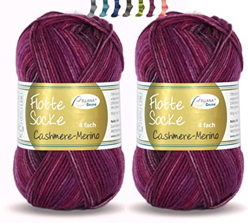 theofeel Set | Sockenwolle mit Kaschmir 4-fädig 2x50g | Sockengarn Rellana Flotte Socke Cashmere Merino | Strumpfwolle aus Merinowolle und Kaschmirwolle (1328 beere degradé (2x50g))