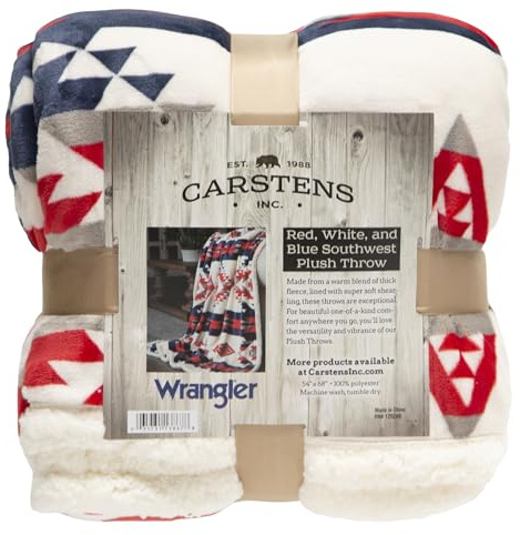 CARSTENS, INC. Wrangler Ultra Premium Super Soft Plush Sherpa Fleece Oversized Throw Blanket 54 x 68, Red White & Blue Southwestern