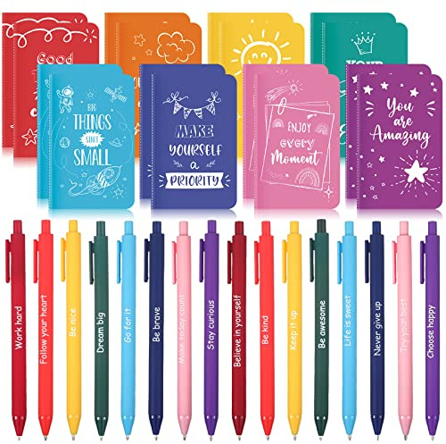 Funrous 32 Pcs Motivational Quote Pens Inspirational Notepads Mini Journal with Ballpoint Pen Small Notebooks Gift for Men Women Coworker Adult Party Favors Prize Teacher Student Office(Minimalistic)