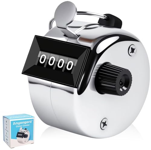 Anyongora Clicker Counter, Metal Hand Tally Counter Clicker with 4 Digit Display, Pitch Counter for Golf Stroke, Baseball, Coaching, Knitting, Lap, Row Sport, Silver