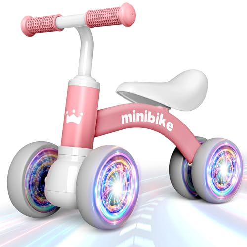 HappyGoLucky Baby Balance Bike 1 2 Year Old, 4 Wheels Lighting Ride On Toys for 1 2 Year Old Girls Gifts, Toddler Toys 1 2 Year Old Girl Toys Age 1-2, Baby Toys 10-36 Months Old Easter Gifts for Kids