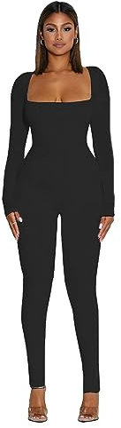 Hanaoops Jumpsuit Damen Lang Eng Sport Yoga Bodysuit Sexy Stretch Quadratische Langarm Playsuits Overall One Piece Figurbetontem Kuscheliger Bodycon BLACK/L