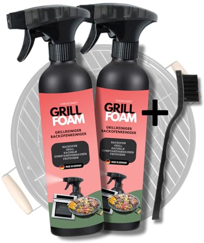 2x Grillreiniger Backofenreiniger á 500ml mit festem Schaum für Gasgrill, Grill, Backofen, Herd, Dunstabzugshauben, Edelstahl | Fettlöser | inkl. gratis Bürste