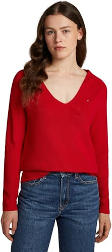 Tommy Hilfiger Donna Pullover Cardi Fine Scollo a V, Rosso (Primary Red), XL