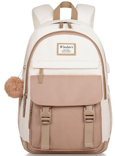 WINDARS School Backpack for Teen Girls, Cute College Backpacks for Women Students Aesthetic Bookbag Large 15.6 Inch Laptop Bag Middle School Travel Back Pack (Khaki Beige)