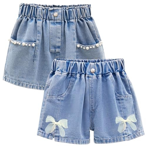 Amur Leopard Enfant Fille Shorts Jeans Ensemble de 2pcs Shorts en Denim Respirants Pantalons Courts Bermudas Été, Bleu A, 150/5XL/11-12 Ans