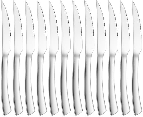 Joyfair Set di 12 coltelli da bistecca, in acciaio inox, con lama ondulata, 23 cm, di alta qualità, per casa, ristorante, hotel, lucido e lavabile in lavastoviglie
