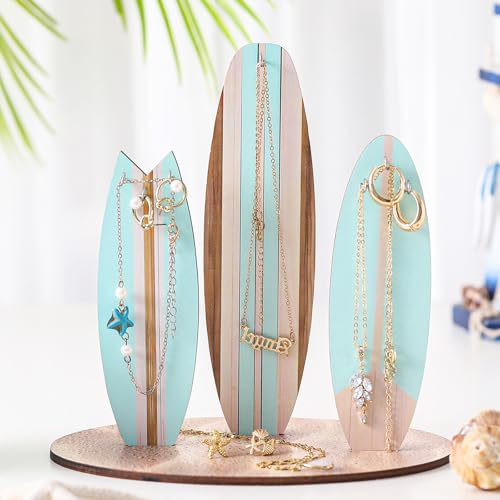 Wonderjune Jewelry Organizer Stand, Coastal Christmas Surfboard Decor, Preppy Beach Room Decor, Wooden Hawaii Surfer Gift, Teen Girl Room Decoration(Blue)