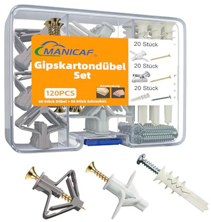 MANICAF Gipskartondübel Set, 120 Stück Hohlraumdübel, Rigipsdübel mit Schrauben, Trockenbau Dübel Hohlraumdübel Butterfly für Gipskartonplatten, Faserplatten, Hohlraumwände(60 Dübel + 60 Schrauben)