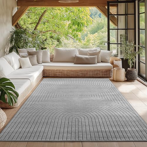 HomebyHome Teppich Wohnzimmer, Schlafzimmer, Wintergarten, Kurzflor Grau, Hoch-Tief-Effekt, weich & waschbar, Outdoor geeignet, 240x340 cm