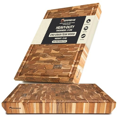 Erreke Schneidebrett Holz, End Grain Teakholz 50x35x5 cm, Robuste Stärke von 5 cm, Heavu Duty Holzbrett Küche mit Auffangschale, Anti-Rutsch-Füße, Servieren Käse Brot Hackbretter 50x35x5cm (Saftrille)