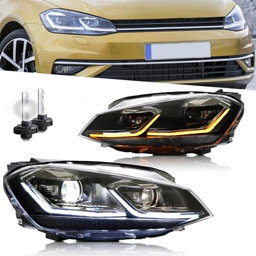 VLAND Fari per Golf 7 TSI TDI R Alogena Hatchback Variant 2012-2016 [non per GTI/Xeno/R line], con indicatori dinamici, 1 coppia - Striscia argento (Con lampadine allo xeno d2h)