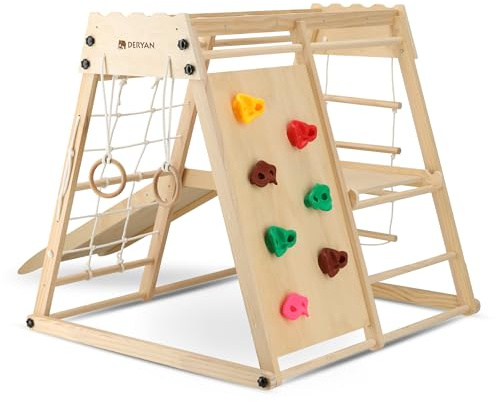 Deryan Lussuosa struttura per arrampicata in legno: dispositivo da gioco pieghevole per interni con scivolo in legno, parete da arrampicata, anelli da ginnastica, scala e rete da arrampicata.