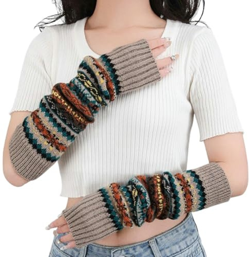 EMGILL Chunky Knit Arm Warmers for Women Boho Colorful Long Fingerless Gloves Fall Winter Warm Knitted Sleeves Hand Covers