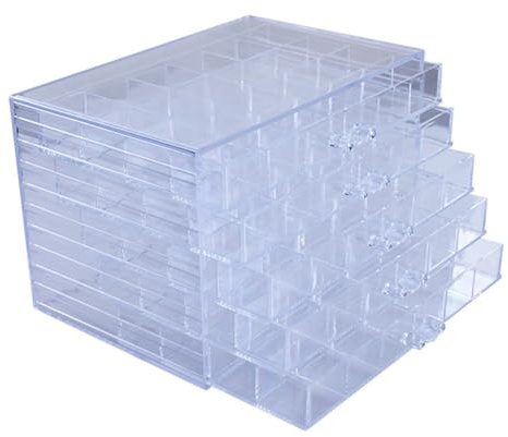 FUBESK Scatola organizer per gioielli in acrilico con 5 cassetti 120 griglie, trasparente per bracciali, collane, orecchini, anelli, cassetti estraibili lisci, organizer compatto per cassettiera