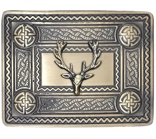 Scottish Kilt Belt buckle - Stag Head Celtic Belt Buckles for Men Antique Silver Finish, Traditional Highland Dress Accessory for Kilts & Formal Wear