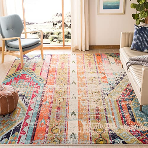 SAFAVIEH Boho Teppich für Wohnzimmer, Esszimmer, Schlafzimmer - Monaco Collection, Kurzer Flor, Multi, 160 x 160 cm