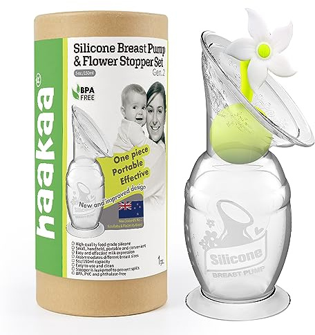haakaa Manual Breast Pump Silicone Breast Pump Milk Saver Milk Pump with Suction Base and Flower Stopper 100% Food Grade Silicone BPA Free (5.4oz/150ml) (White)